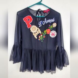 Aleph by Meg Black Embellished Blouse Sheer Ruffle Statement Beading Size 2